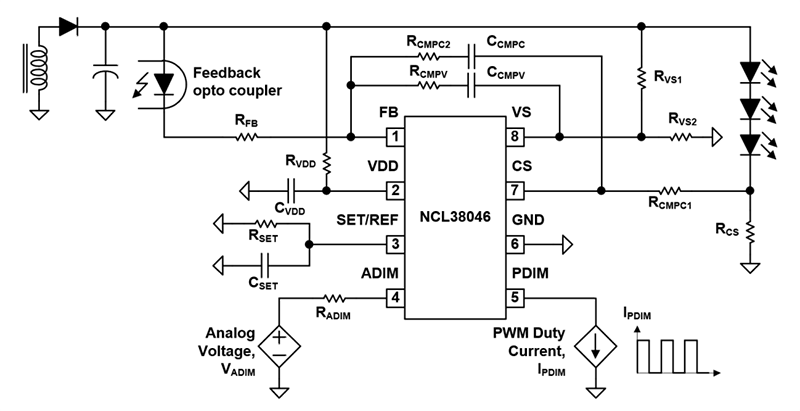 Schéma du circuit d'application - onsemi Amplis opérationnels haute Performance NCL38046